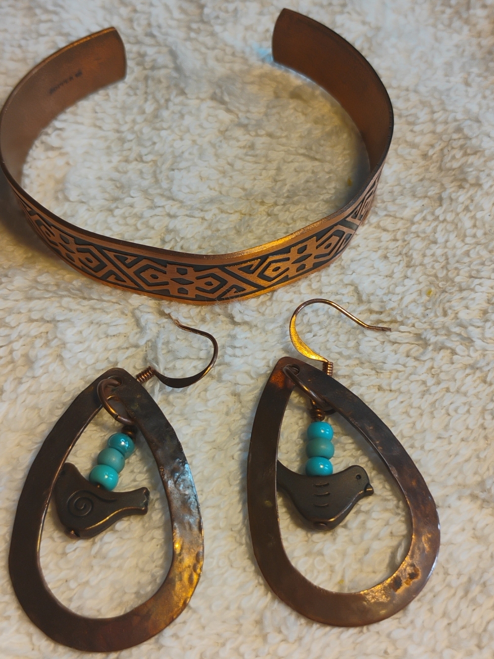 Copper Bracelet With Hammered Earrings Bird Blue Stones